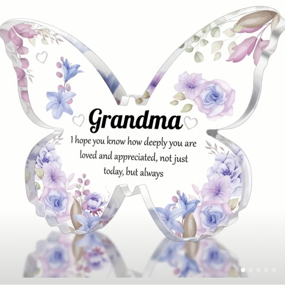 Grandma Purple Floral & Clear Acrylic 2 Dimensional Butterfly Shaped Plaque.